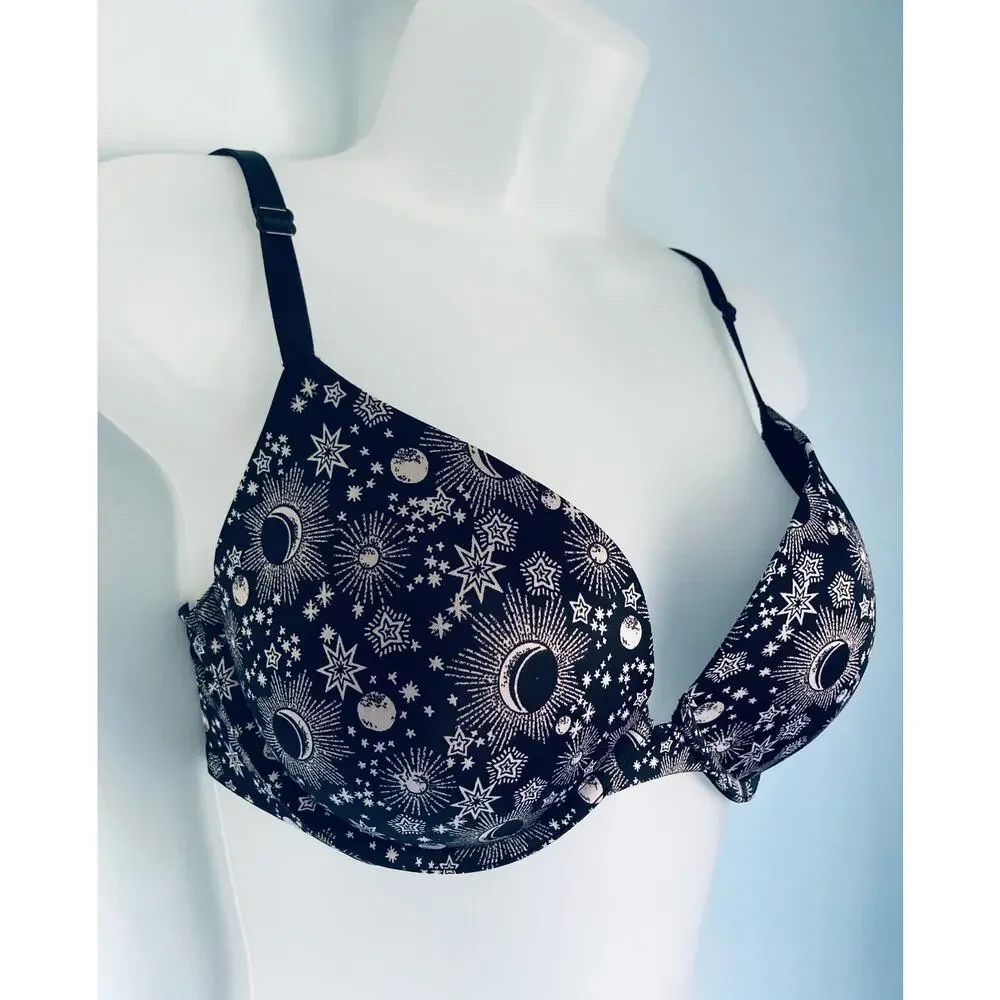 Victoria's Secret Push Up Bra 34D Black and White NWOT Moon Stars
